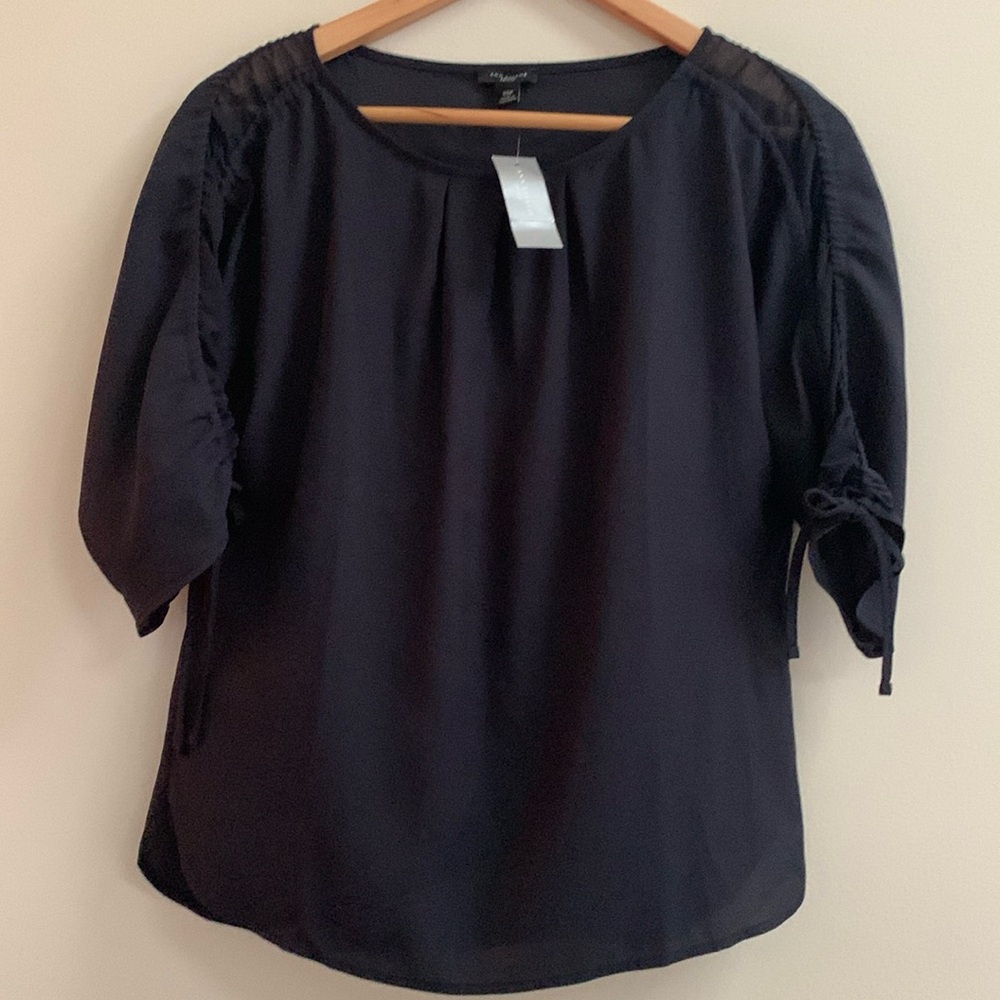 NWT, Ann Taylor Petite, XSP, Navy Blue Sheer Sleeve Blouse